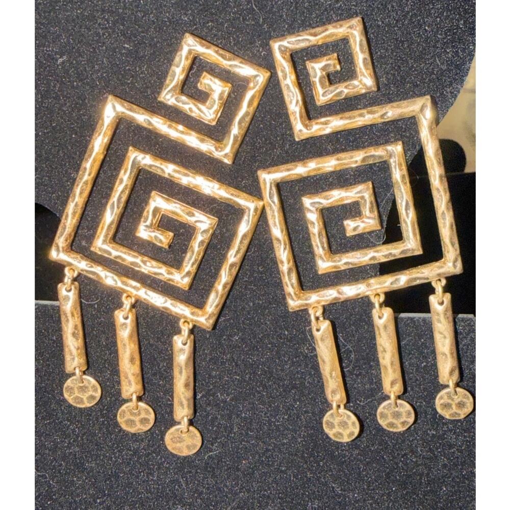 Greek Meander gold-tone vintage earrings, hammered tiered square spiral 3x1.5”